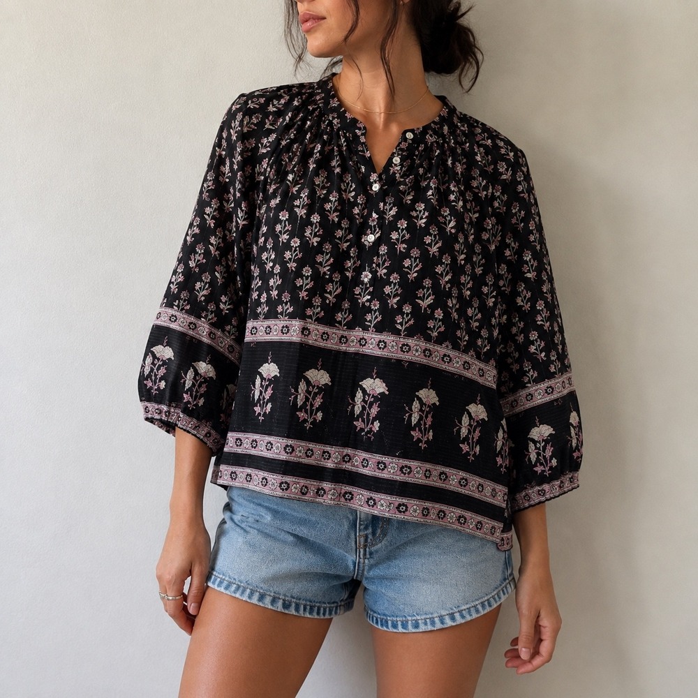 Antik Batik Mandee Black Pink Floral Metallic Lurex Blouse Medium Boho Fairy